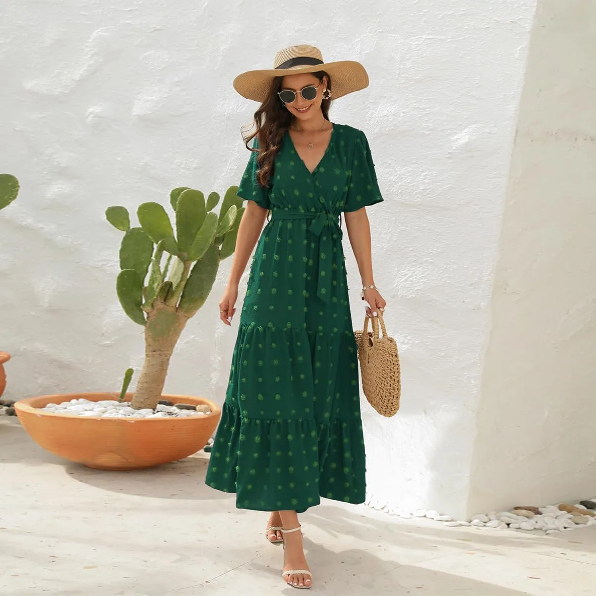 IDOPIP Women Casual Swiss Dot Tiered Maxi Dress with Belt Beach Summer Wedding Guest Sundress Elegant Cocktail Evening Outfit