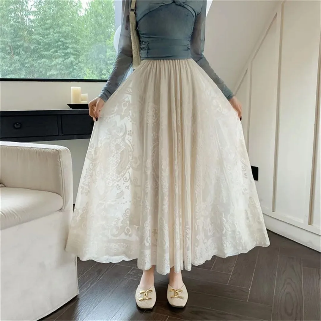 Jacquard Embroidery Lace Skirt Pleated Midi Long Skirts Women Summer Casual Long Skirt