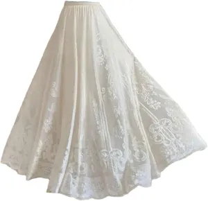 Jacquard Embroidery Lace Skirt Pleated Midi Long Skirts Women Summer Casual Long Skirt