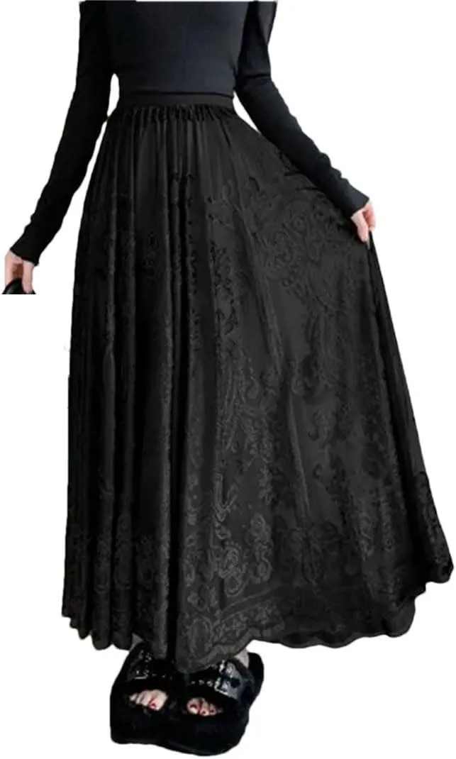 Jacquard Embroidery Lace Skirt Pleated Midi Long Skirts Women Summer Casual Long Skirt
