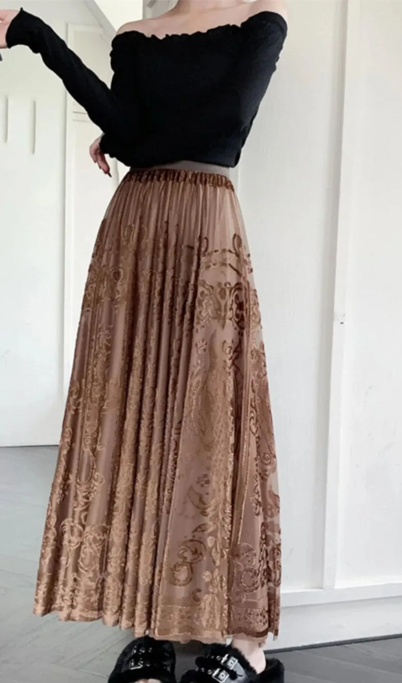 Jacquard Embroidery Lace Skirt Pleated Midi Long Skirts Women Summer Casual Long Skirt
