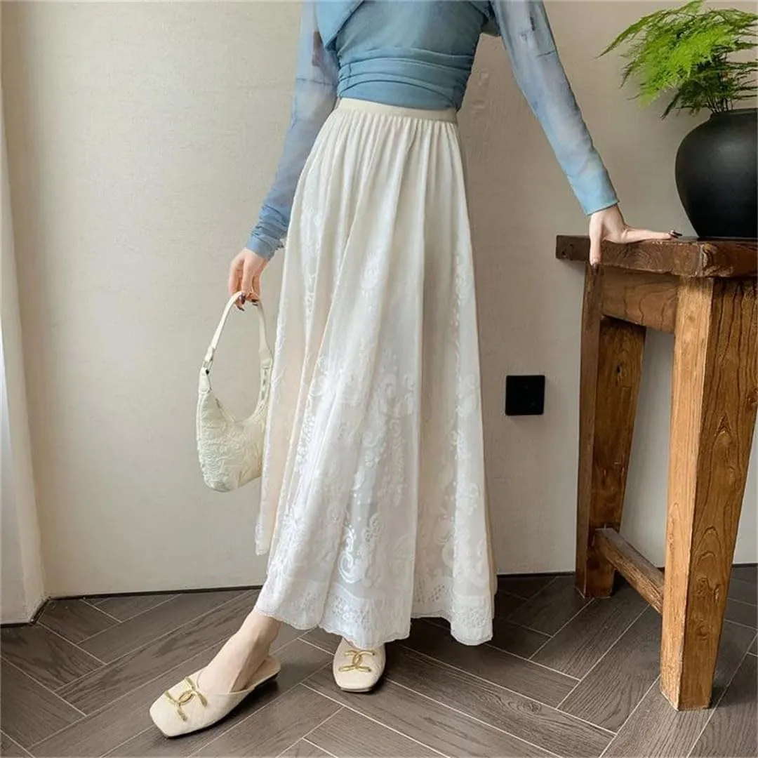 Jacquard Embroidery Lace Skirt Pleated Midi Long Skirts Women Summer Casual Long Skirt