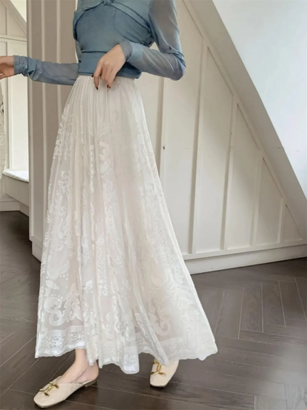 Jacquard Embroidery Lace Skirt Pleated Midi Long Skirts Women Summer Casual Long Skirt