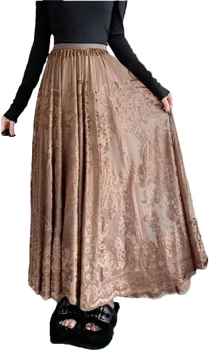 Jacquard Embroidery Lace Skirt Pleated Midi Long Skirts Women Summer Casual Long Skirt