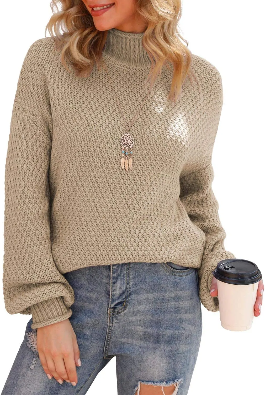 Jouica Women's Turtleneck Oversized Sweaters Batwing Long Sleeve Pullover Loose Chunky Knit Jumper