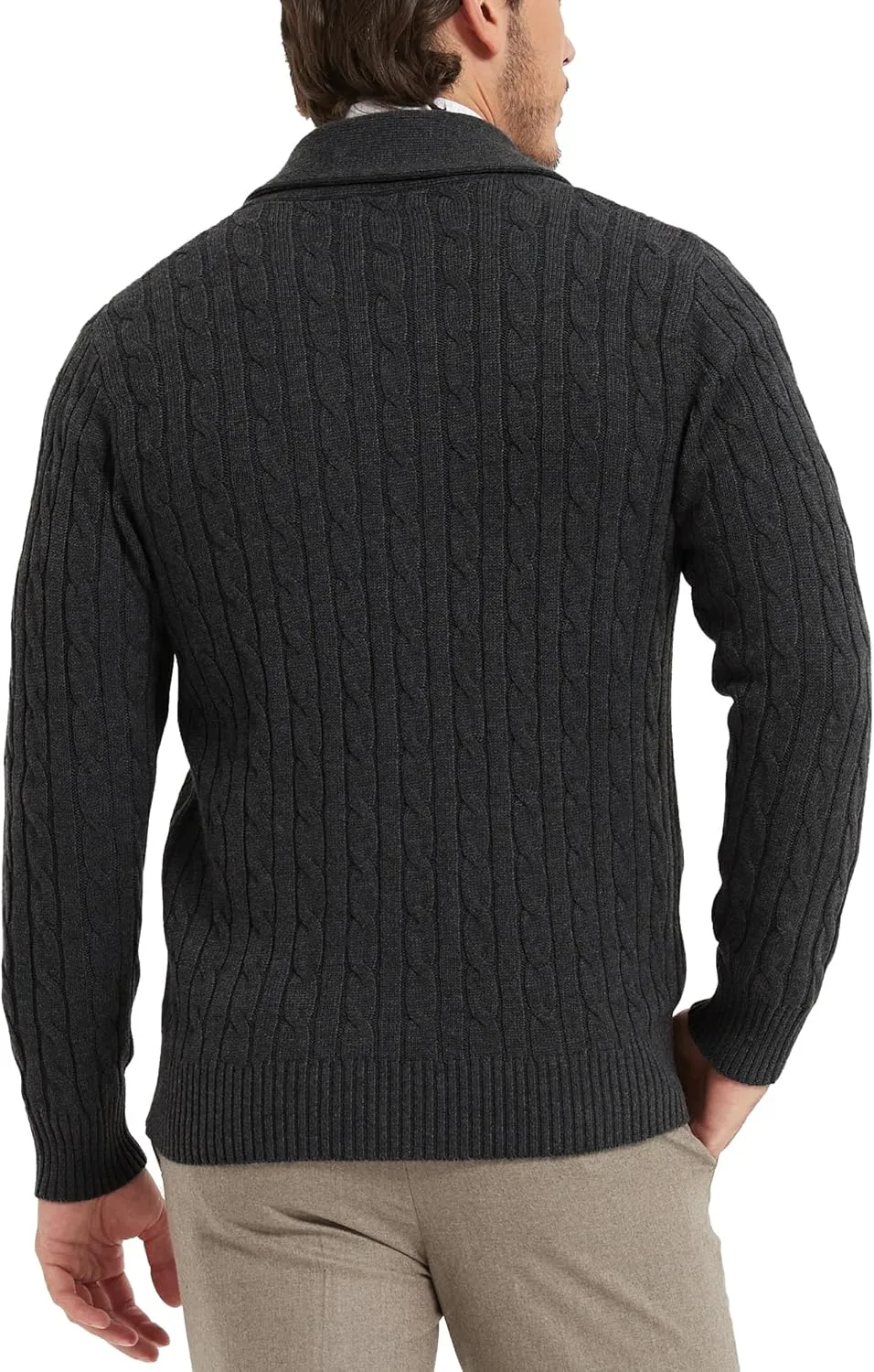 Kallspin Men's Blend Wool Sweater Button Down Long Sleeve Cardigan Cable Knit Shawl Collar Sweater