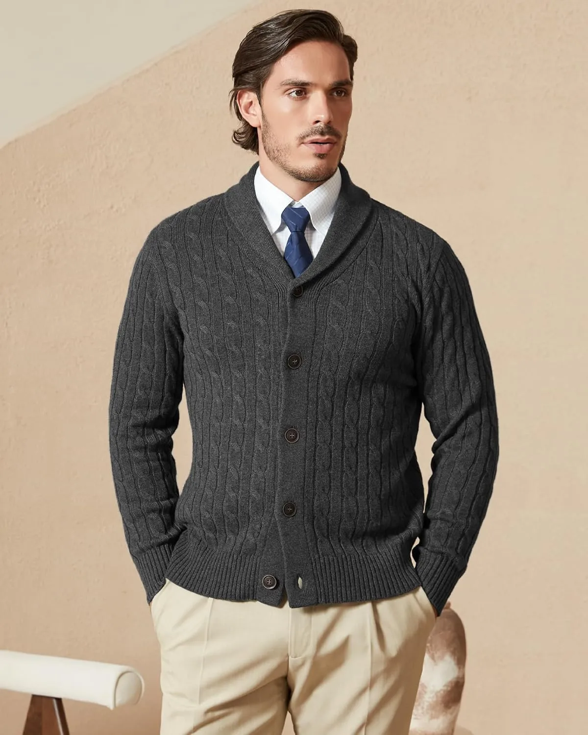 Kallspin Men's Blend Wool Sweater Button Down Long Sleeve Cardigan Cable Knit Shawl Collar Sweater