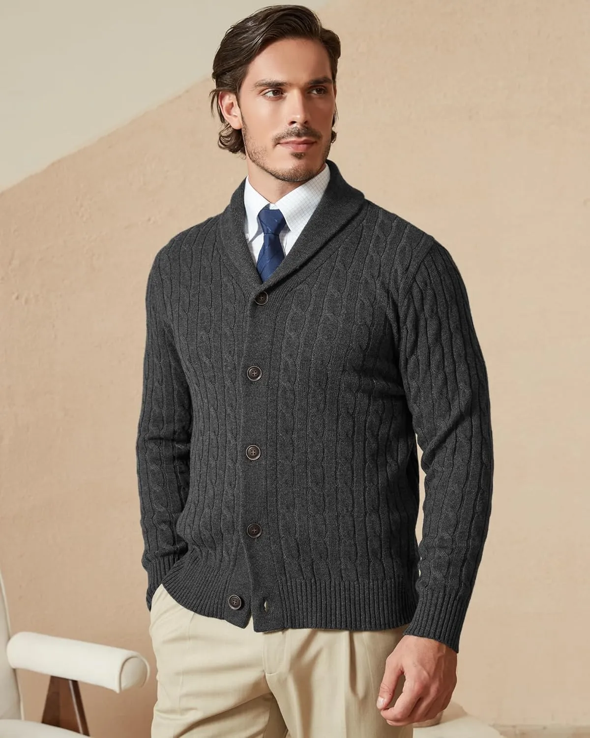 Kallspin Men's Blend Wool Sweater Button Down Long Sleeve Cardigan Cable Knit Shawl Collar Sweater