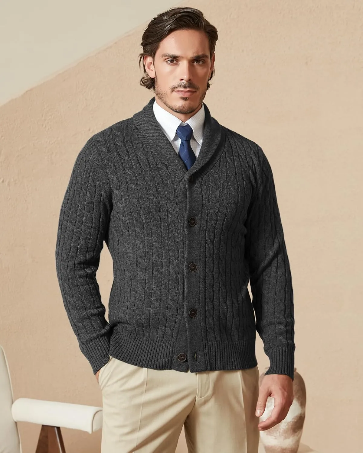 Kallspin Men's Blend Wool Sweater Button Down Long Sleeve Cardigan Cable Knit Shawl Collar Sweater