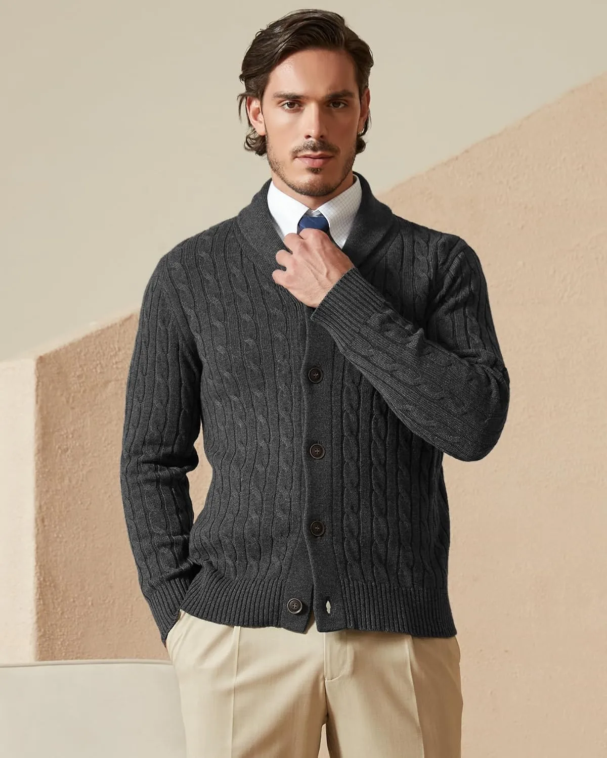 Kallspin Men's Blend Wool Sweater Button Down Long Sleeve Cardigan Cable Knit Shawl Collar Sweater