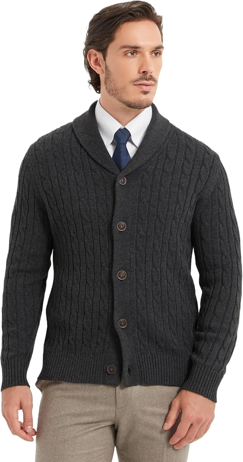 Kallspin Men's Blend Wool Sweater Button Down Long Sleeve Cardigan Cable Knit Shawl Collar Sweater