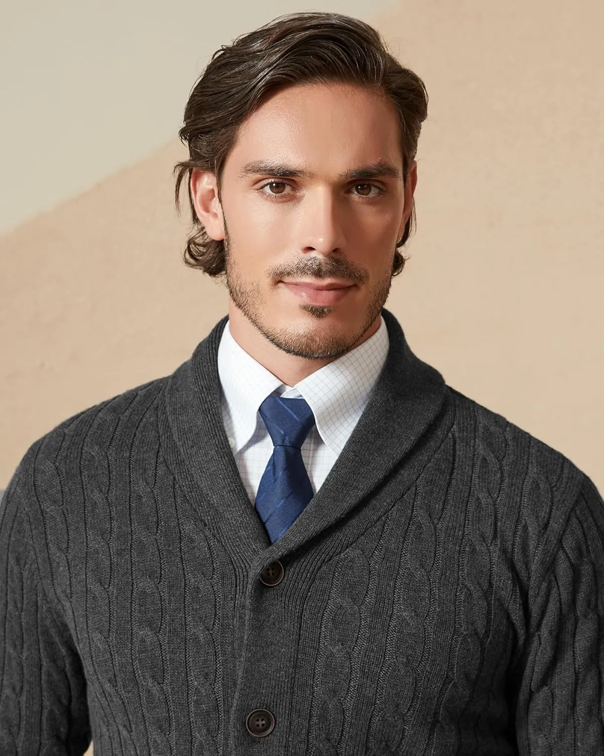 Kallspin Men's Blend Wool Sweater Button Down Long Sleeve Cardigan Cable Knit Shawl Collar Sweater