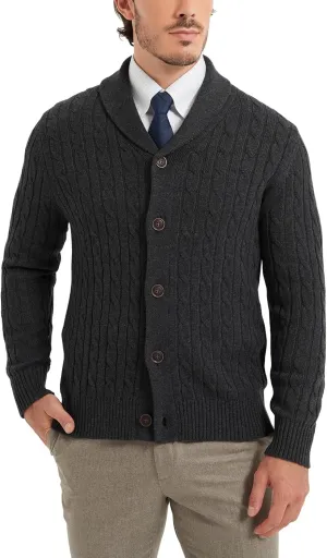 Kallspin Men's Blend Wool Sweater Button Down Long Sleeve Cardigan Cable Knit Shawl Collar Sweater