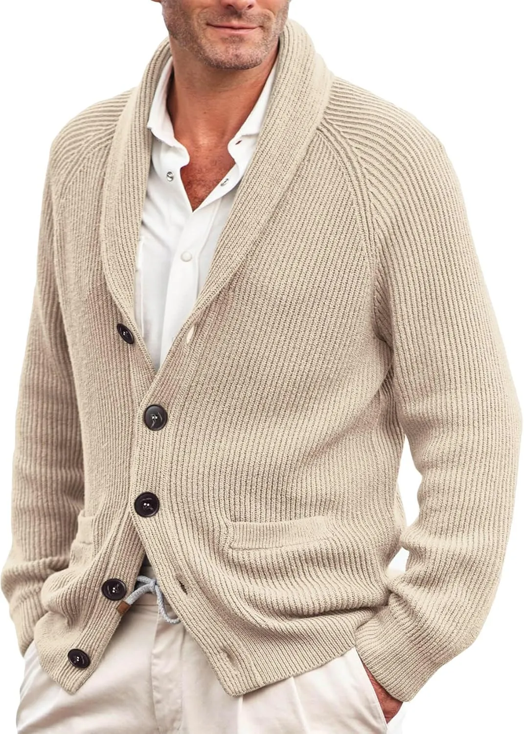 Karlywindow Mens Shawl Collar Cardigan Sweater Cable Knit Button Down Winter Chunky Sweater with Pockets