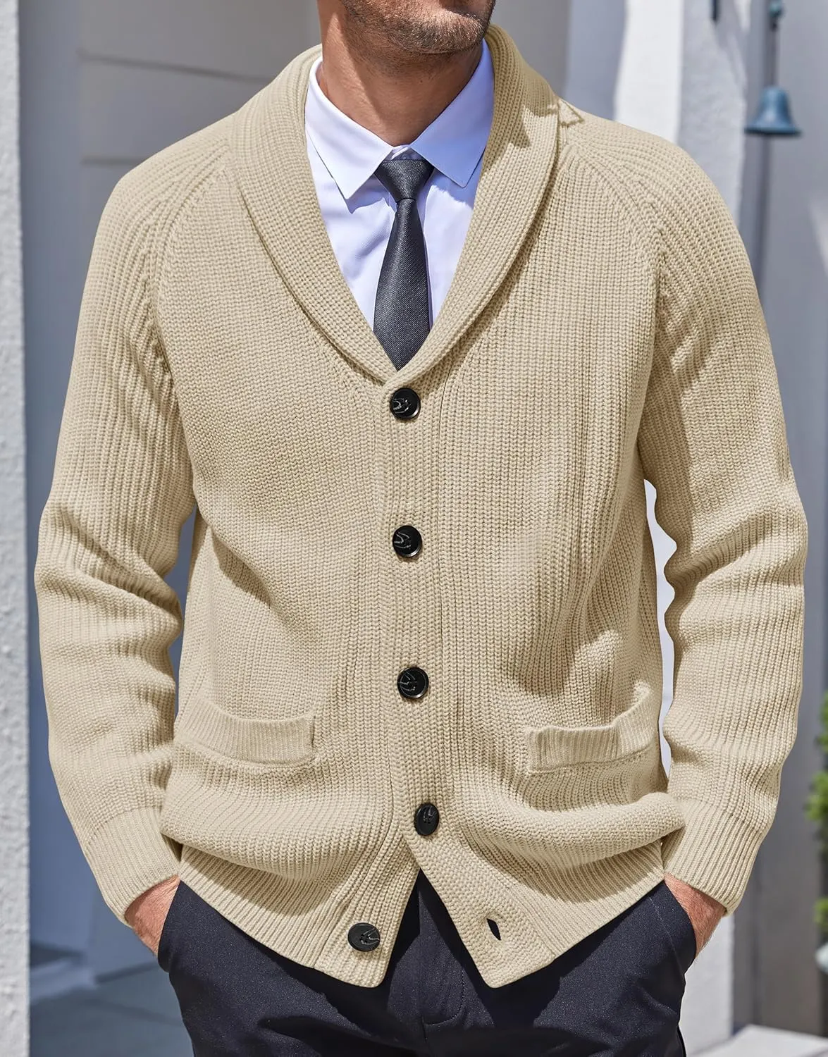 Karlywindow Mens Shawl Collar Cardigan Sweater Cable Knit Button Down Winter Chunky Sweater with Pockets
