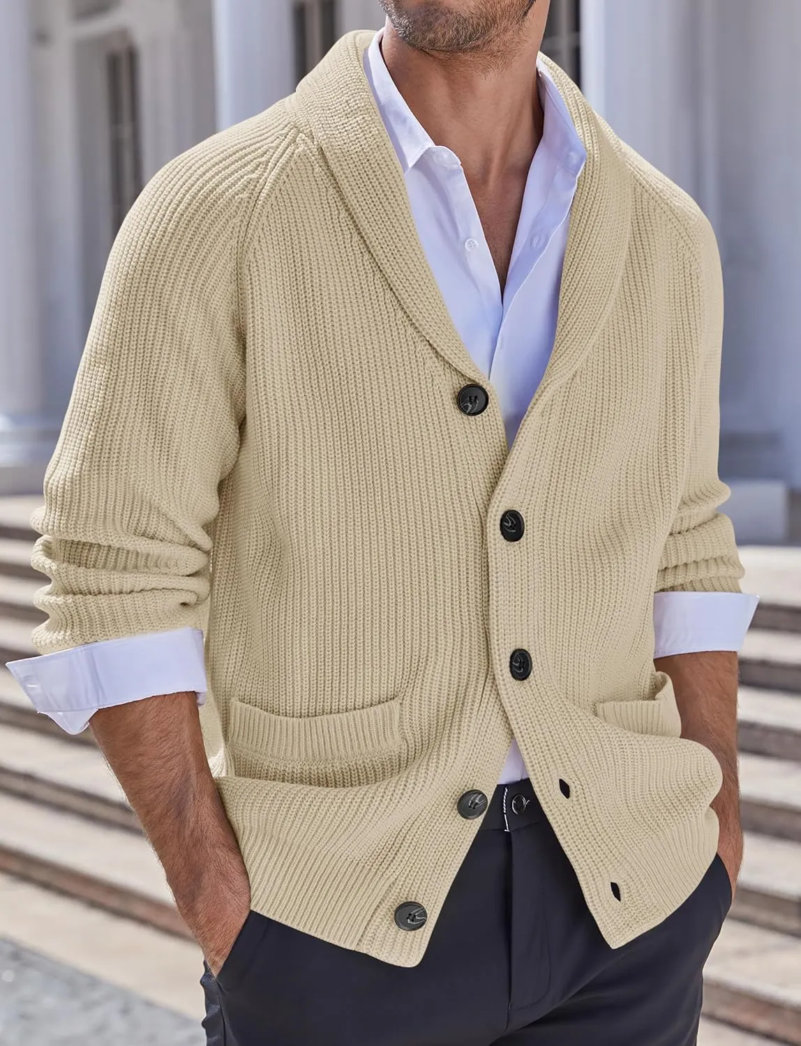 Karlywindow Mens Shawl Collar Cardigan Sweater Cable Knit Button Down Winter Chunky Sweater with Pockets