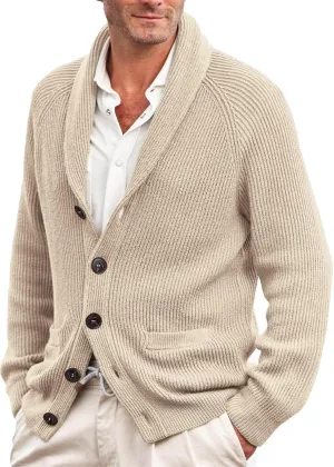 Karlywindow Mens Shawl Collar Cardigan Sweater Cable Knit Button Down Winter Chunky Sweater with Pockets