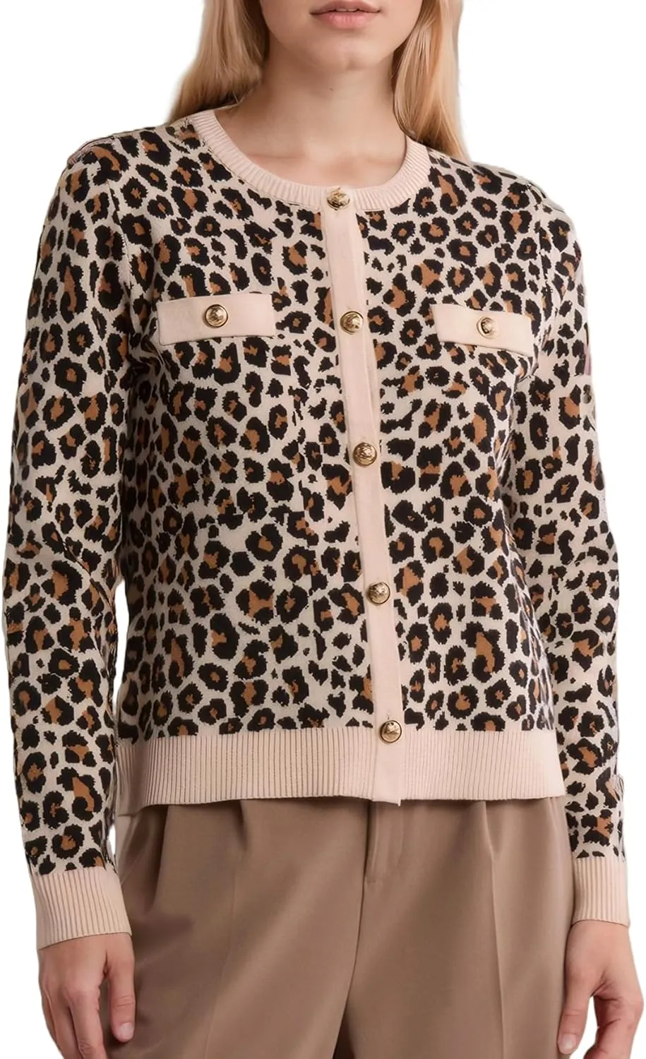 Kedera Womens Casual Leopard Print Cardigan Sweater Elegant Long Sleeve Button Down Cropped Knit Sweater