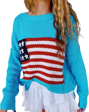 KMBANGI Women American Flag Sweater Graphic Loose Vintage Long Sleeve Crewneck Knitted Jumper Top Patriotic Pullover