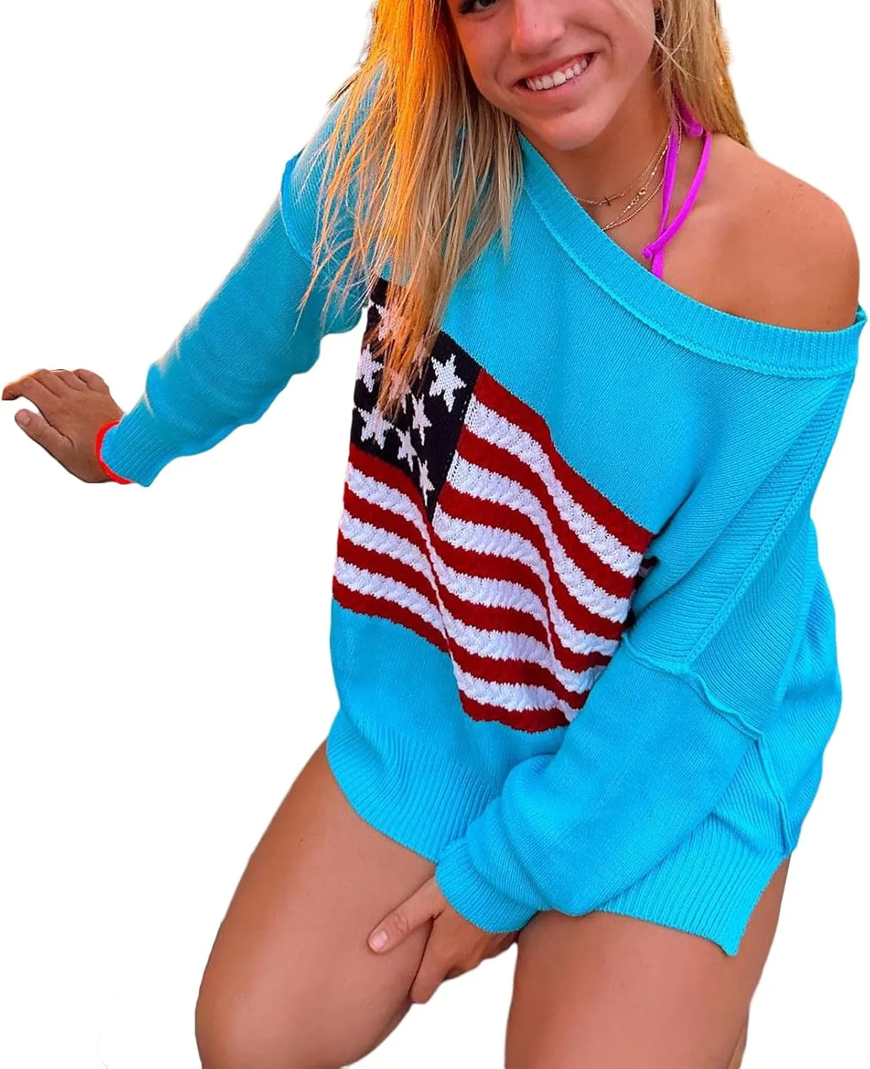KMBANGI Women American Flag Sweater Graphic Loose Vintage Long Sleeve Crewneck Knitted Jumper Top Patriotic Pullover