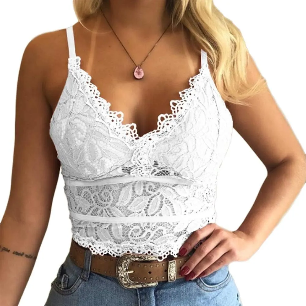Koinshha Women's Soft Casual Lace Crochet Spaghetti Strap Cami Crop Top Camisole