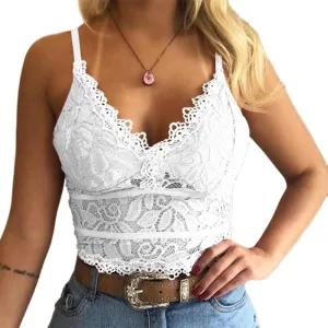 Koinshha Women's Soft Casual Lace Crochet Spaghetti Strap Cami Crop Top Camisole