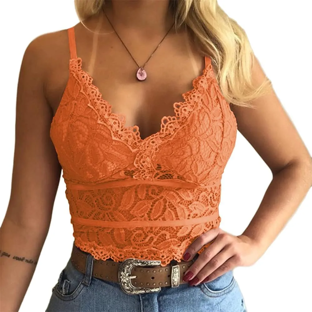 Koinshha Women's Soft Casual Lace Crochet Spaghetti Strap Cami Crop Top Camisole