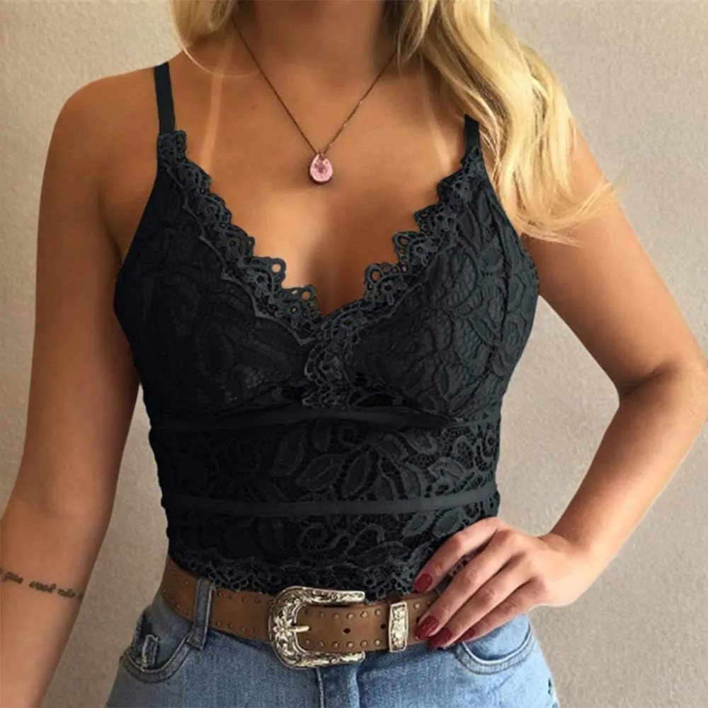 Koinshha Women's Soft Casual Lace Crochet Spaghetti Strap Cami Crop Top Camisole