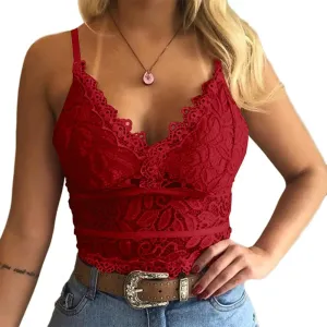 Koinshha Women's Soft Casual Lace Crochet Spaghetti Strap Cami Crop Top Camisole