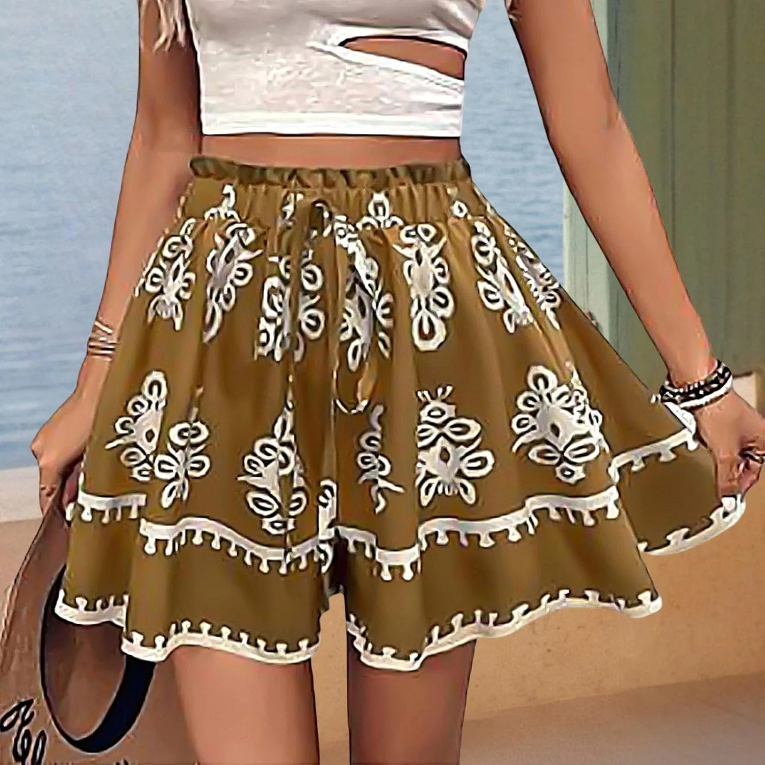 Kubbon Flowy Shorts for Women Floral Printed Shorts High Waist Boho Skorts Casual Baggy Ruffle Tennis Skirts Summer Clothes