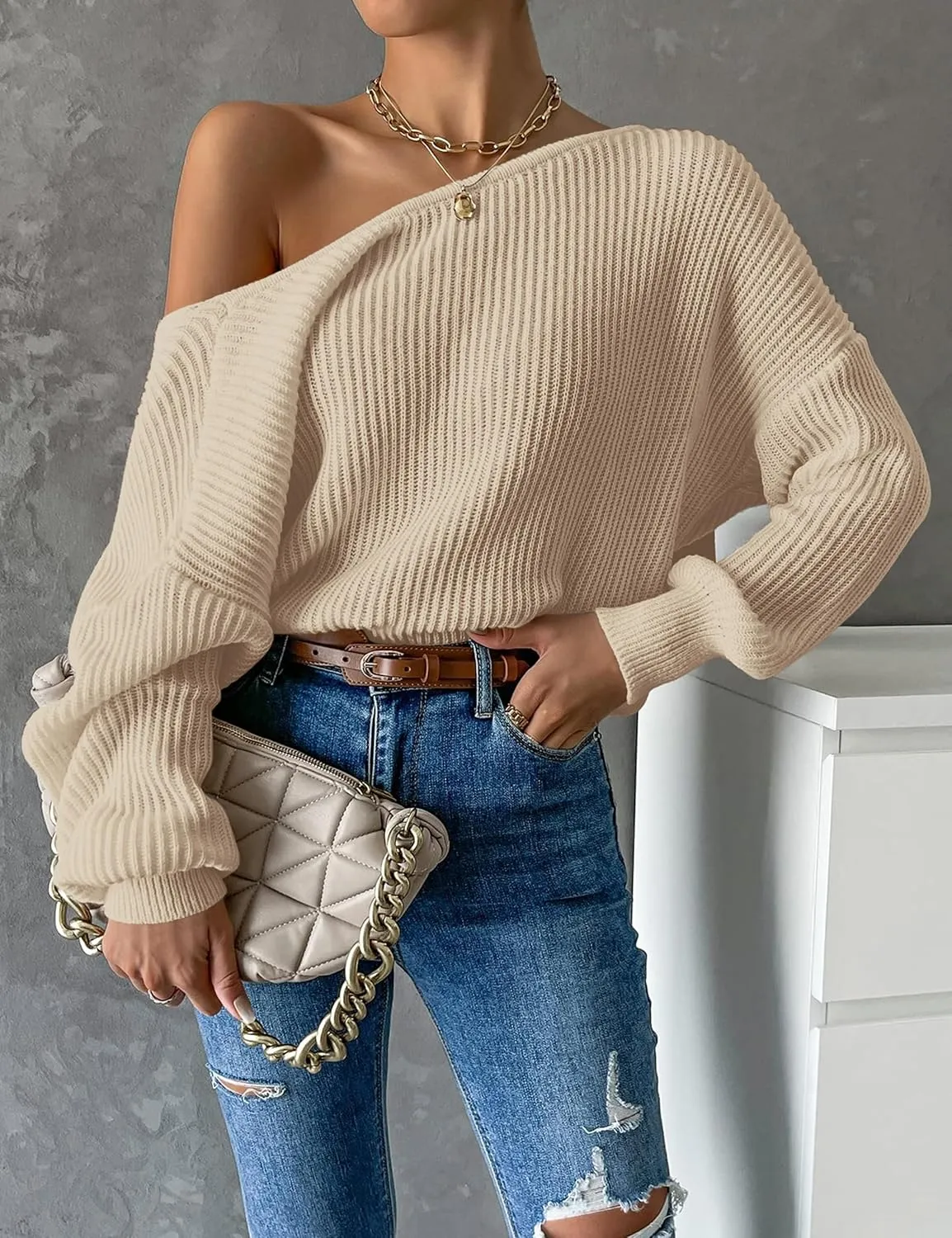 Labolliy Women Twist Back Backless Drop Shoulder Long Sleeve Pullover Rib Knit Sweater Tops