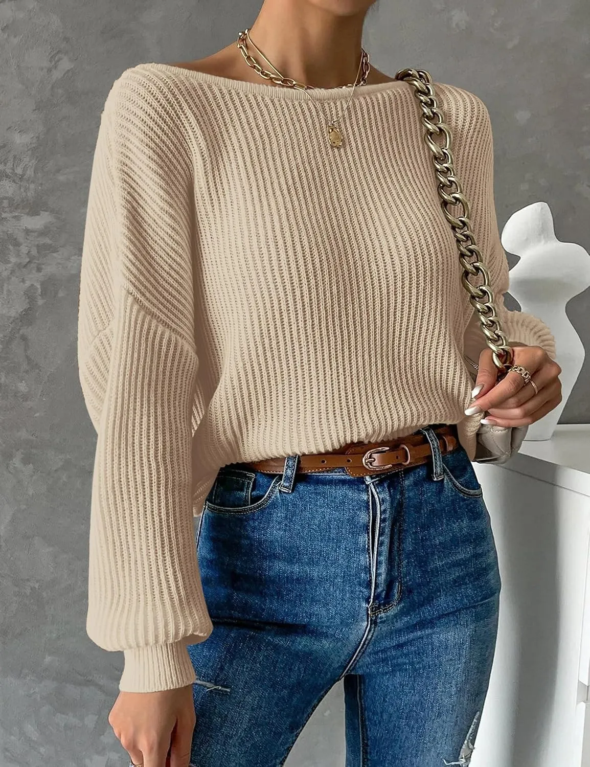 Labolliy Women Twist Back Backless Drop Shoulder Long Sleeve Pullover Rib Knit Sweater Tops