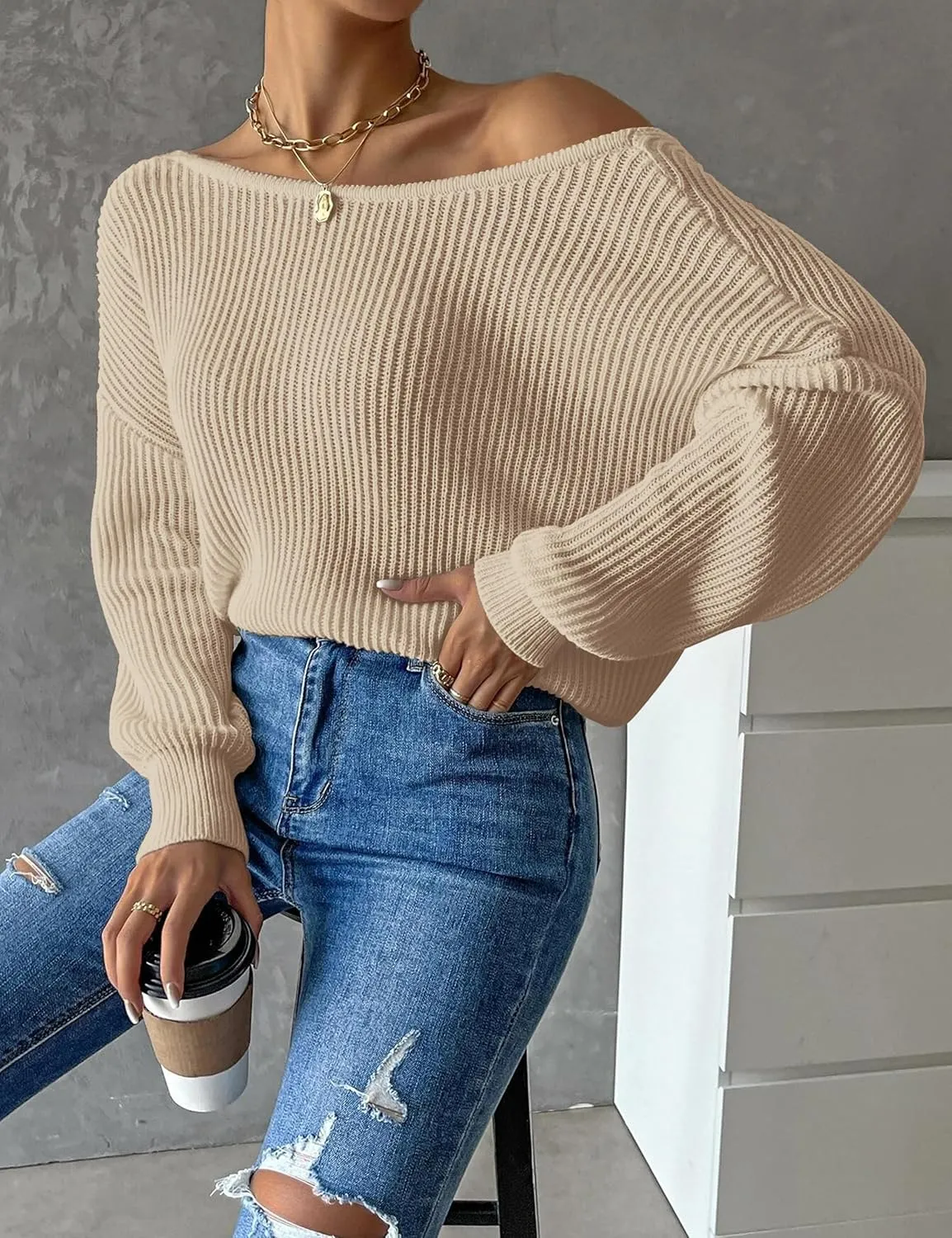 Labolliy Women Twist Back Backless Drop Shoulder Long Sleeve Pullover Rib Knit Sweater Tops