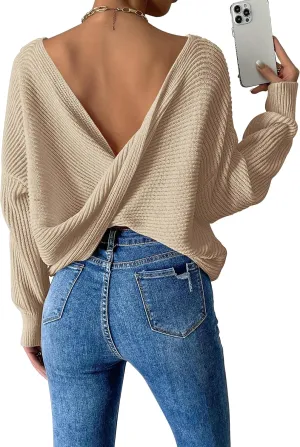 Labolliy Women Twist Back Backless Drop Shoulder Long Sleeve Pullover Rib Knit Sweater Tops