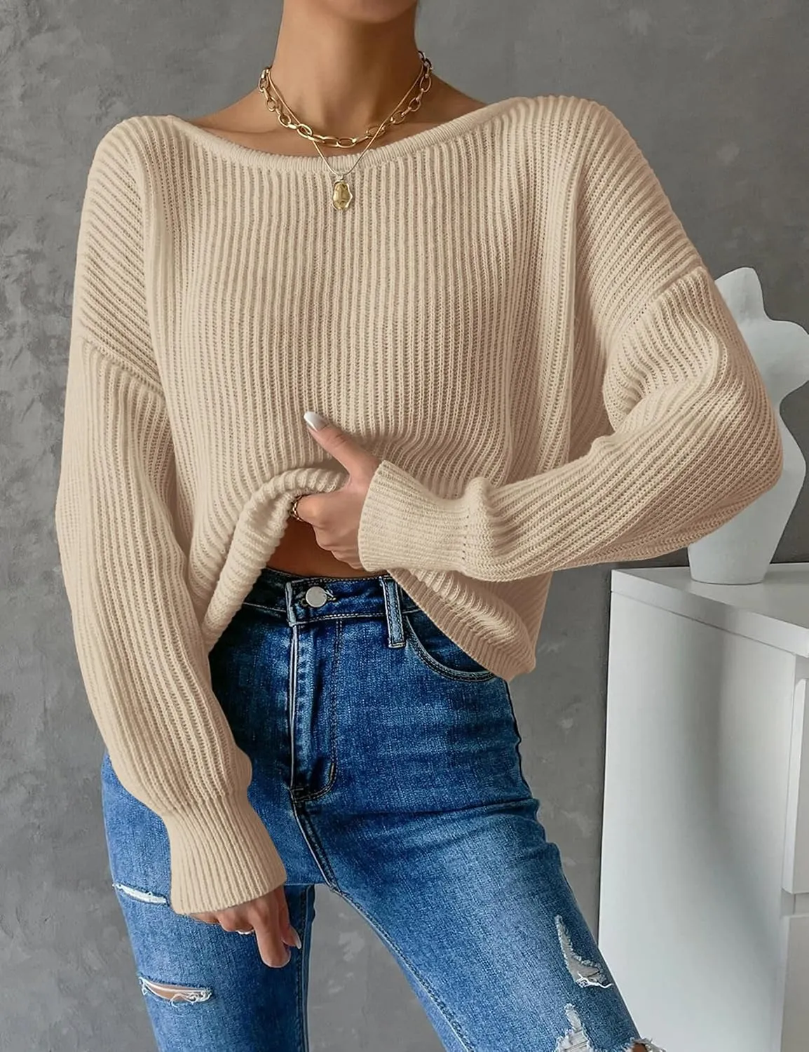 Labolliy Women Twist Back Backless Drop Shoulder Long Sleeve Pullover Rib Knit Sweater Tops