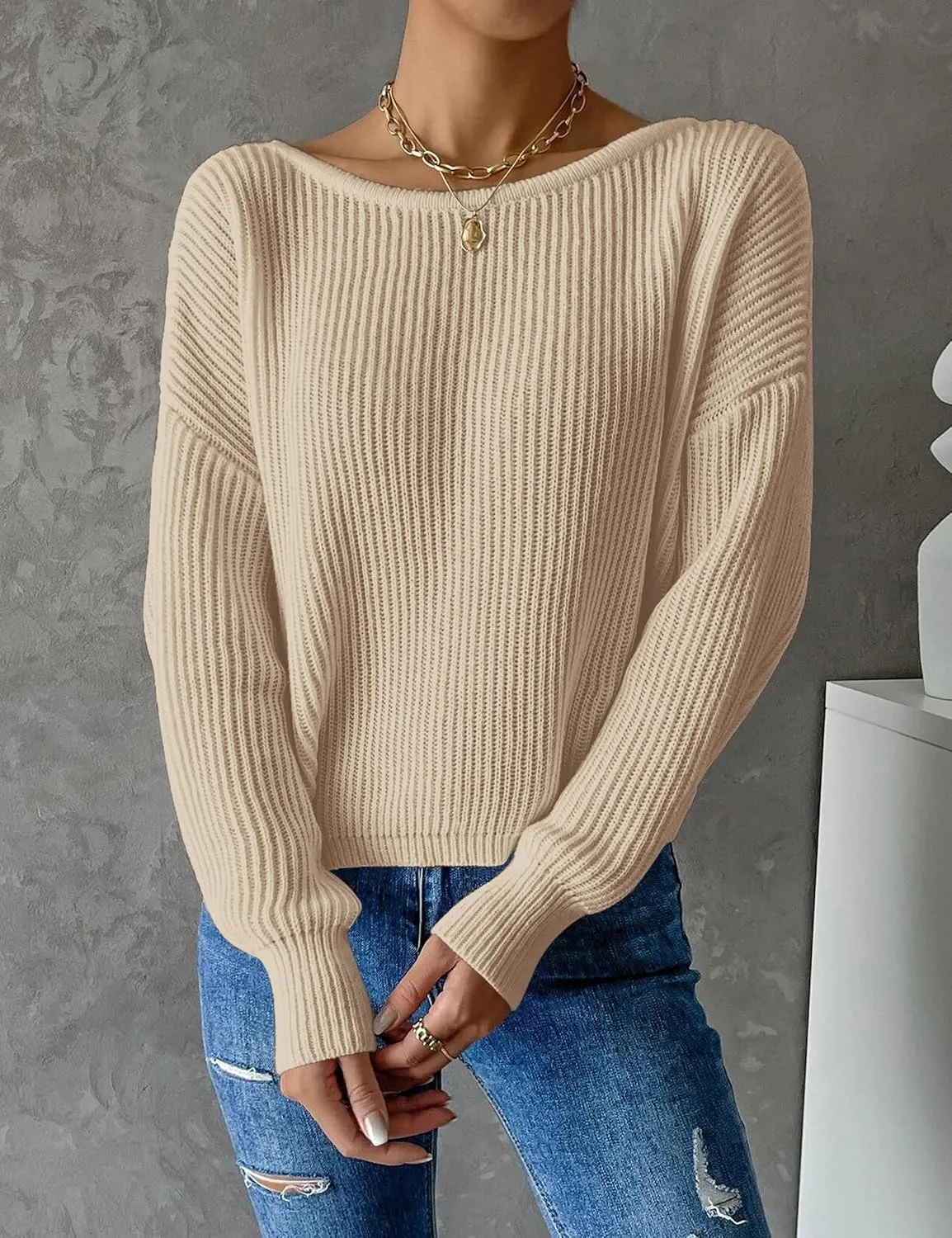Labolliy Women Twist Back Backless Drop Shoulder Long Sleeve Pullover Rib Knit Sweater Tops