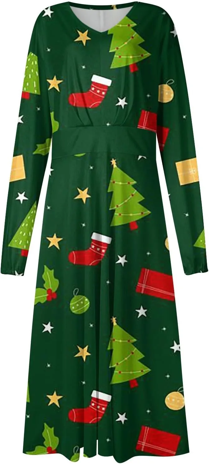 Ladies Long Sleeve Daily Dresses Dressy V-Neck Casual Midi Fashion Christmas Printed Winter Swing Dress