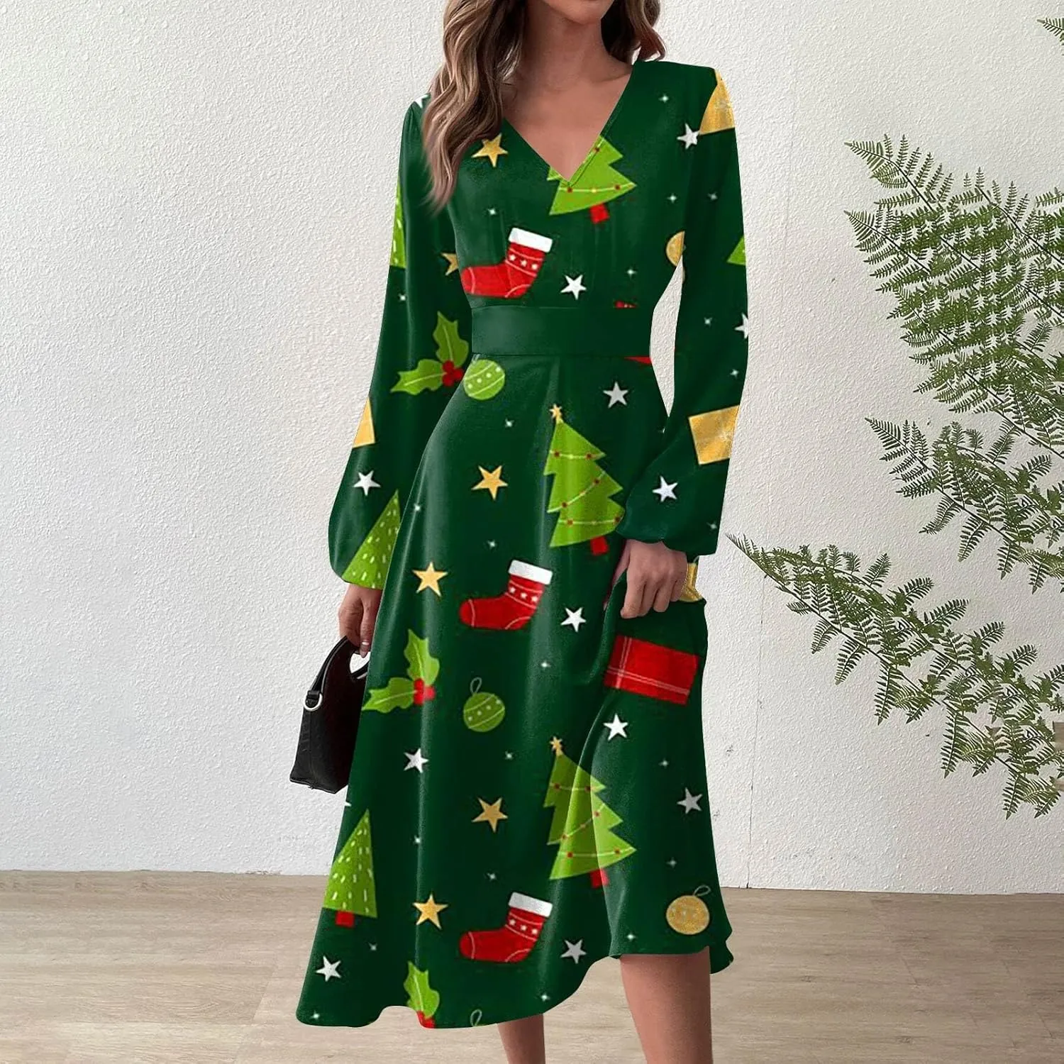 Ladies Long Sleeve Daily Dresses Dressy V-Neck Casual Midi Fashion Christmas Printed Winter Swing Dress
