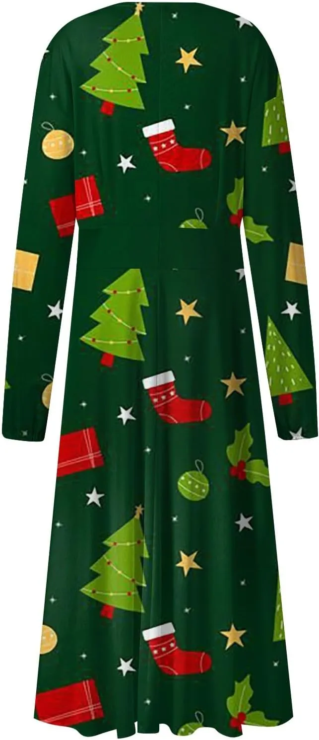 Ladies Long Sleeve Daily Dresses Dressy V-Neck Casual Midi Fashion Christmas Printed Winter Swing Dress