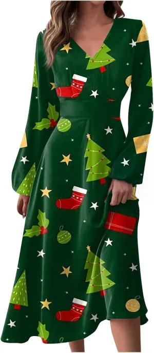 Ladies Long Sleeve Daily Dresses Dressy V-Neck Casual Midi Fashion Christmas Printed Winter Swing Dress