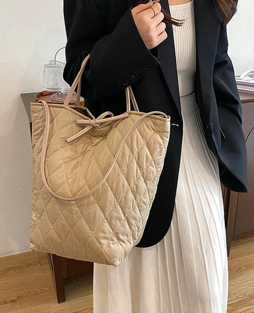 Large Quilted Bucket Tote Bag for Women Puffer Handbag Soft Casual Shoulder Bag Nylon Working Top Handle Purse