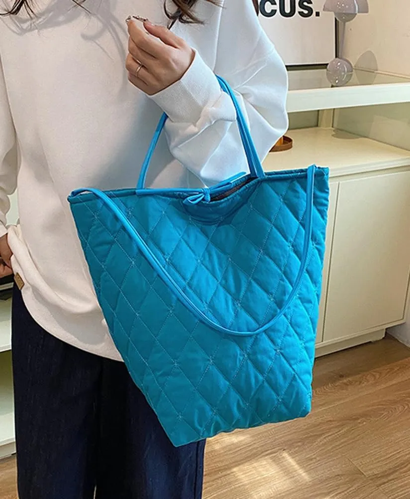 Large Quilted Bucket Tote Bag for Women Puffer Handbag Soft Casual Shoulder Bag Nylon Working Top Handle Purse