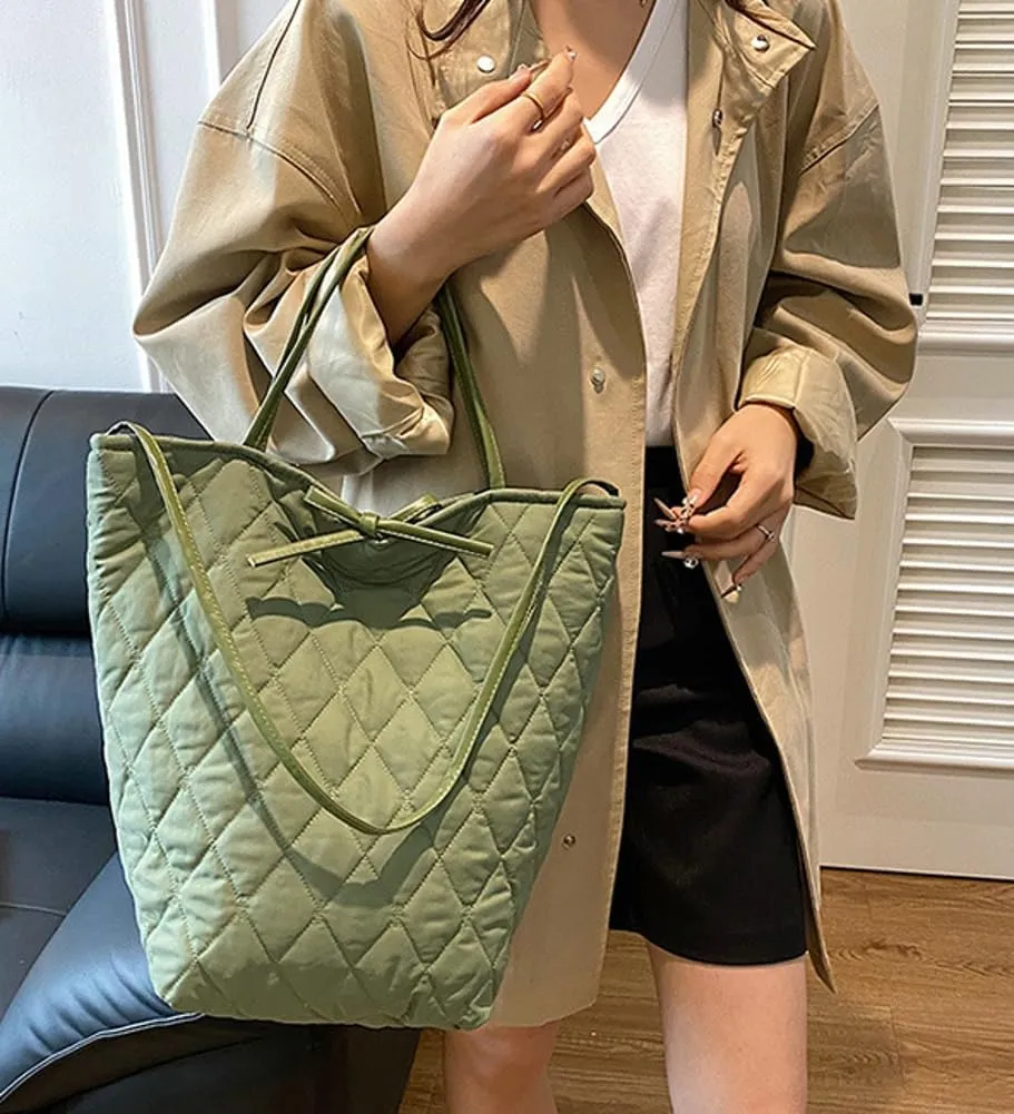 Large Quilted Bucket Tote Bag for Women Puffer Handbag Soft Casual Shoulder Bag Nylon Working Top Handle Purse
