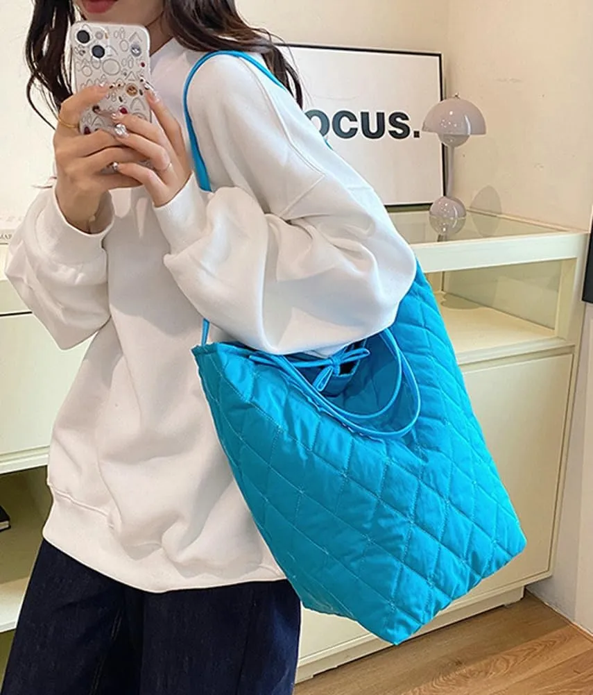 Large Quilted Bucket Tote Bag for Women Puffer Handbag Soft Casual Shoulder Bag Nylon Working Top Handle Purse