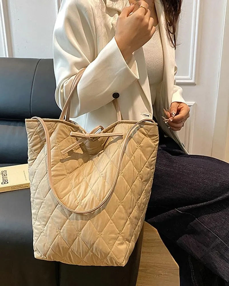 Large Quilted Bucket Tote Bag for Women Puffer Handbag Soft Casual Shoulder Bag Nylon Working Top Handle Purse