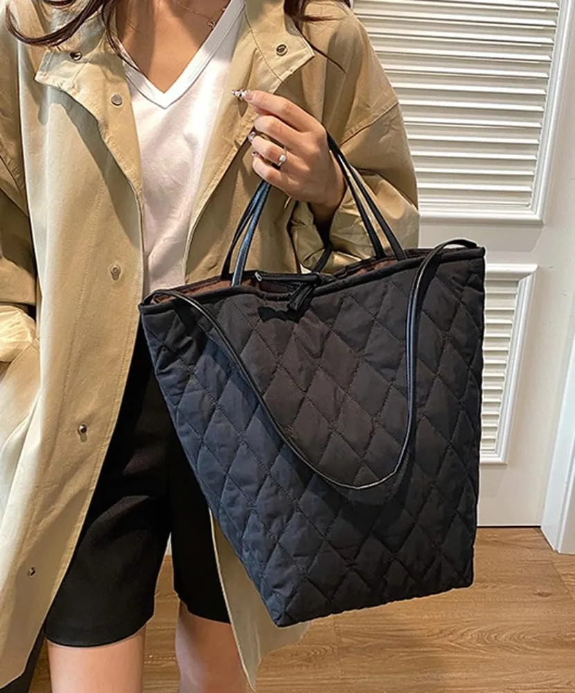 Large Quilted Bucket Tote Bag for Women Puffer Handbag Soft Casual Shoulder Bag Nylon Working Top Handle Purse