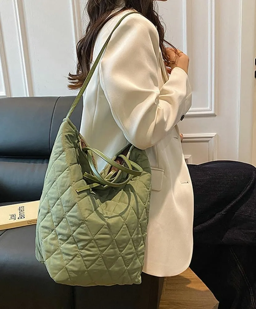 Large Quilted Bucket Tote Bag for Women Puffer Handbag Soft Casual Shoulder Bag Nylon Working Top Handle Purse