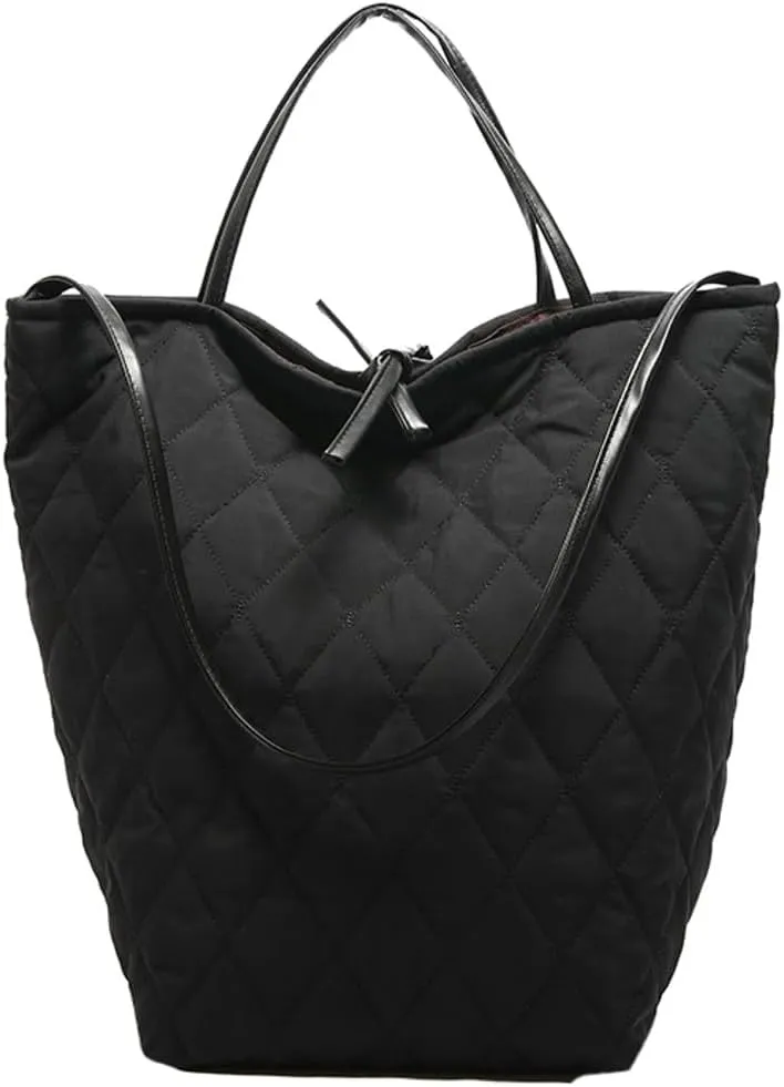Large Quilted Bucket Tote Bag for Women Puffer Handbag Soft Casual Shoulder Bag Nylon Working Top Handle Purse