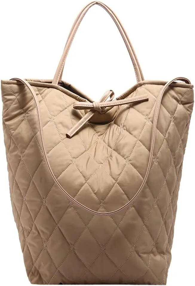 Large Quilted Bucket Tote Bag for Women Puffer Handbag Soft Casual Shoulder Bag Nylon Working Top Handle Purse