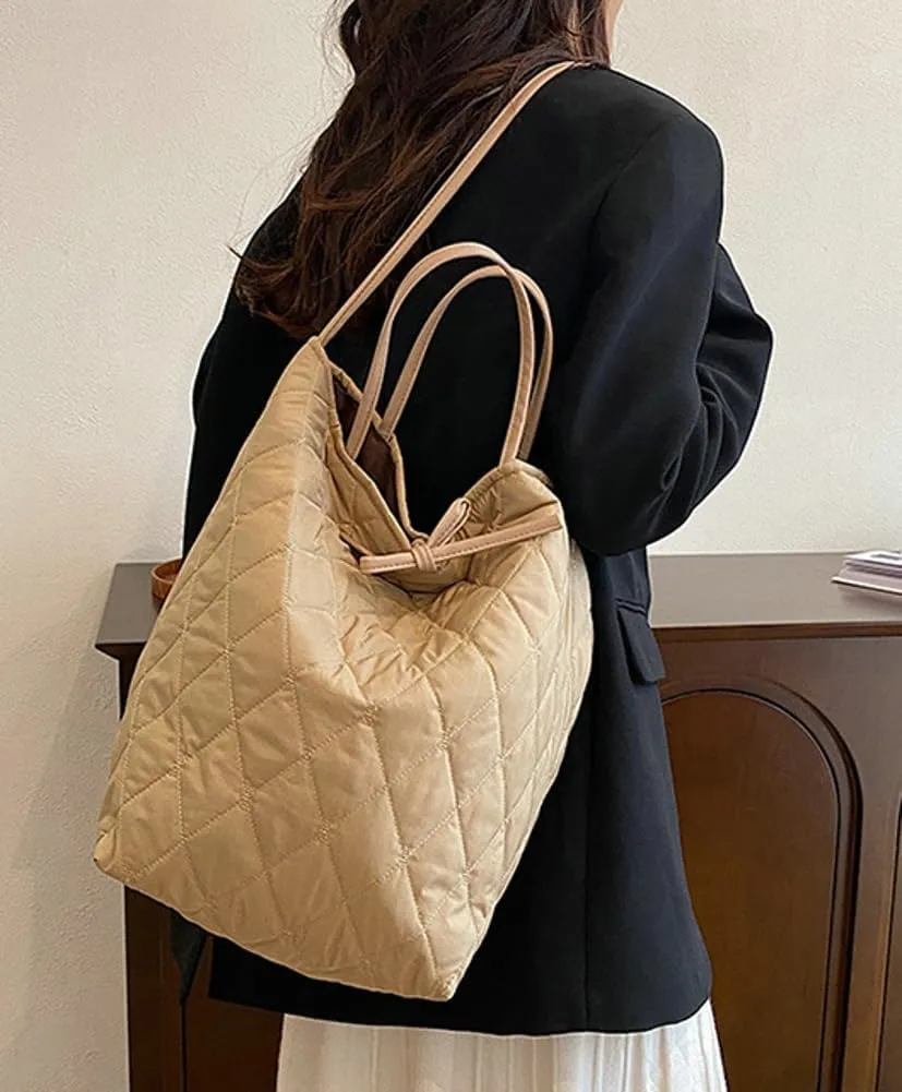 Large Quilted Bucket Tote Bag for Women Puffer Handbag Soft Casual Shoulder Bag Nylon Working Top Handle Purse